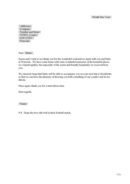 Thank-you letter - hospitality (UK)