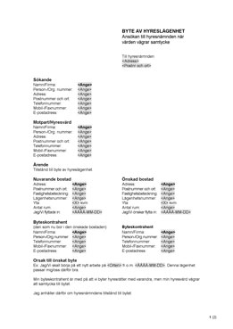 Byte av hyreslägenhet - Ansökan till hyresnämnd (mall)