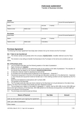 Purchase agreement - Transfer of Business Activities